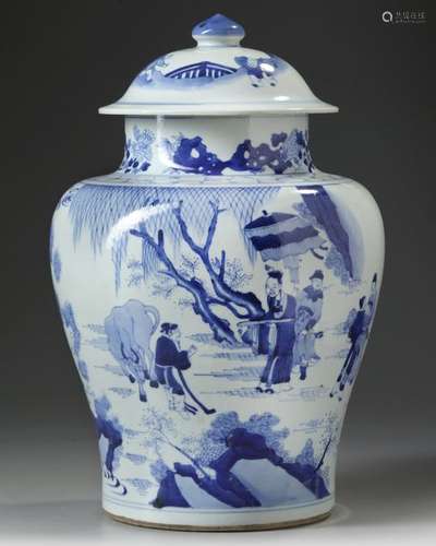 A CHINESE BLUE AND WHITE JAR AND COVER