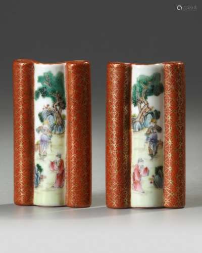 A PAIR OF CHINESE FAMILLE ROSE BRUSH RESTS