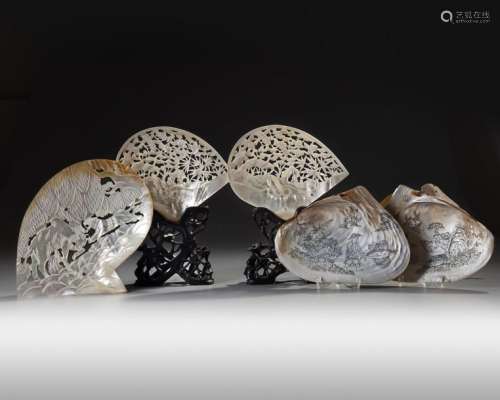 A GROUP OF SIX CHINESE MOTHER OF PEARL SHELLS