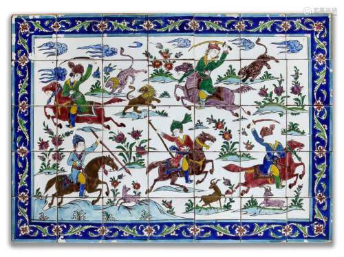 A COMPOSITION OF PERSIAN TILES MOUNTED ON A WOODEN…
