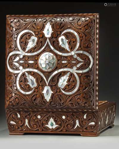 A SYRIAN WOOD AND MOTHER OF PEARL INLAID BOX