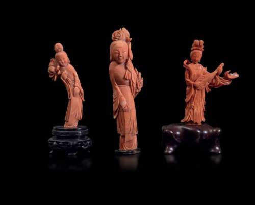 Three coral figures, China, early 1900s