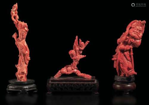 Three coral figures, China, early 1900s