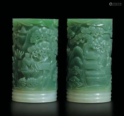 Two jade brush pots, China, 1900s
