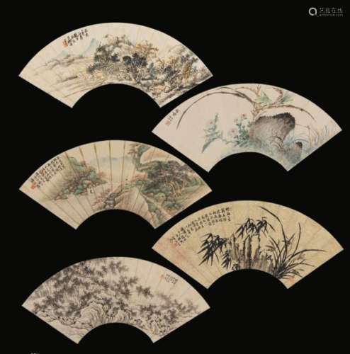 Five painted paper fans, China, 1900s