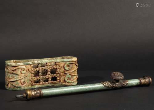 A jade pipe and pillow, China, early 1900s