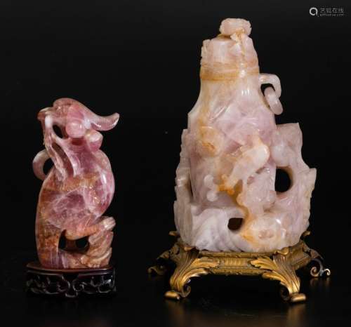 Two pink quartz items, China