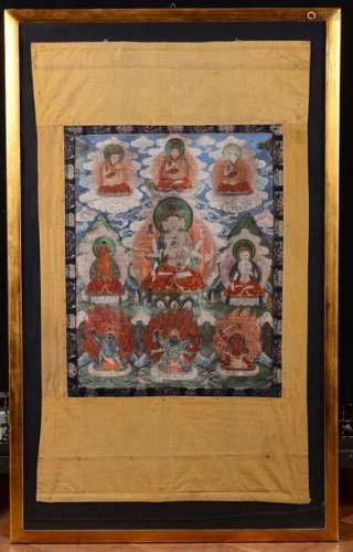 A framed silk tanka, Tibet, 18th century