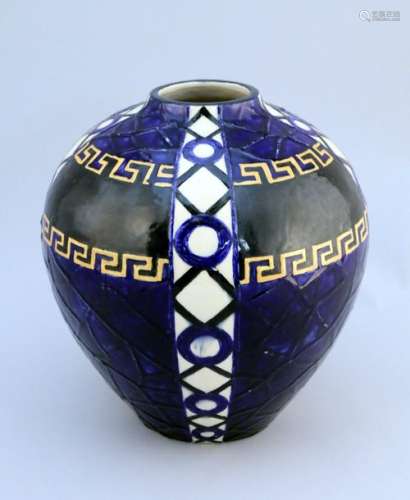 OVOID VASE with geometric decoration on a blue bac…
