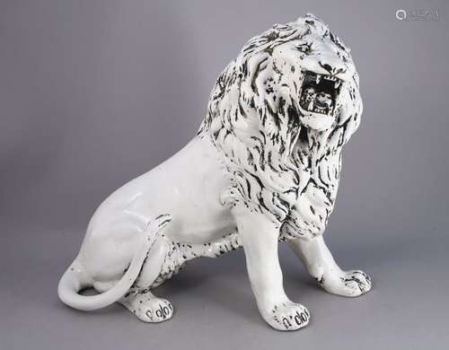 ROLLING LION in white glazed earthenware. Holograp…