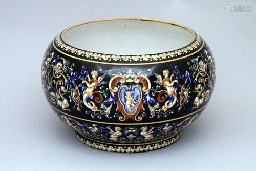 GIEN. Glazed ceramic CACHE POT with Italian Renais…