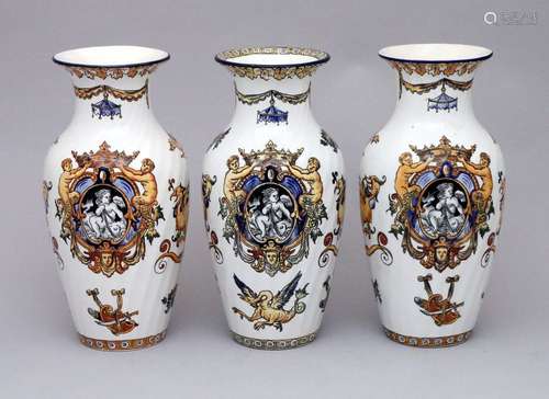 GIEN. SUITE of three swollen VASES with torsos rib…