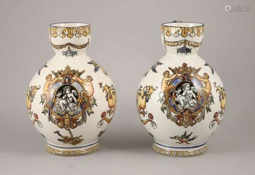 GIEN. Pair of glazed ceramic PICHETS with Italian …