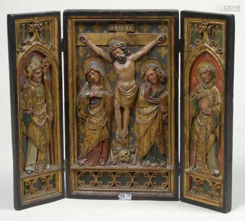 Small tryptic, bas relief in carved, polychromed a…