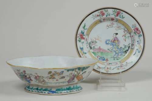 A polylobed bowl and a plate in polychrome porcela…