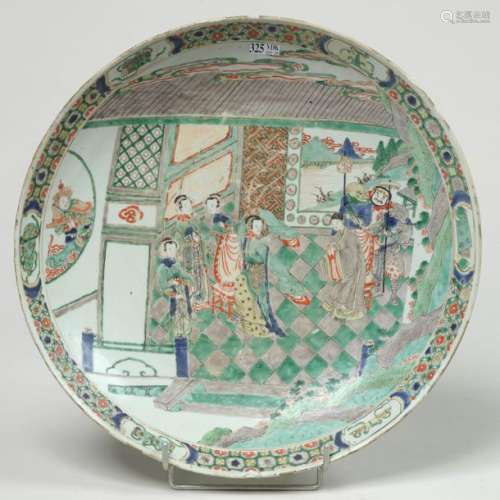 Large round deep dish in polychrome porcelain of C…