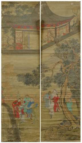 Pair of kakemono, gouache on rice paper glued on p…