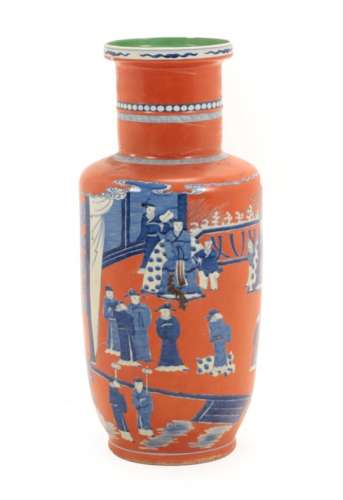 A Chinese Porcelain Rouleau Vase, Kangxi reign mark, painted in underglaze blue with a dignitary and
