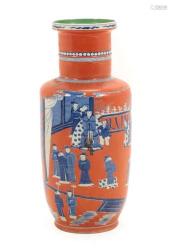 A Chinese Porcelain Rouleau Vase, Kangxi reign mark, painted in underglaze blue with a dignitary and