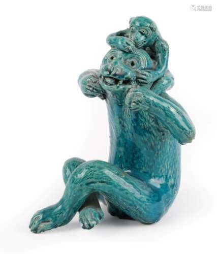 A Chinese Turquoise Glazed Figure of a Monkey, 19th/20th century, naturalistically modelled