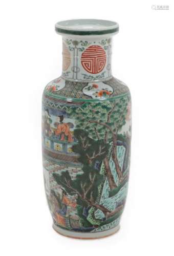 A Chinese Porcelain Rouleau Vase, Kangxi reign mark but not of the period, painted in famille