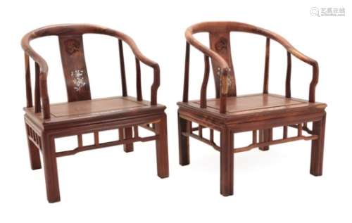 A Pair of Chinese Mother-of-Pearl Inlaid Huanghuali Armchairs, Qing, with yoke backs, the