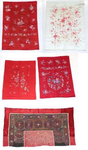 Chinese Silk Embroidery, 20th century, the celadon field of crimson naturalistic floral sprays,