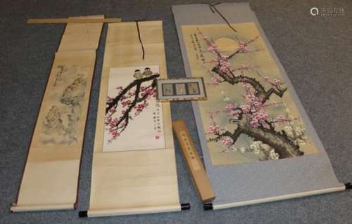 Chinese School Scroll painting of flowering prunus by moonlight with script and seal mark Gouache,