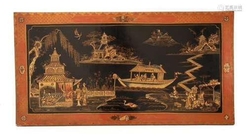 A Chinese Lacquer Panel, early 20th century, of rectangular form, decorated with figures, boats