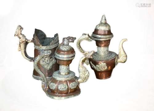 A Tibetan White Metal Mounted Copper Tea Service, late 19th/early 20th century, of baluster form