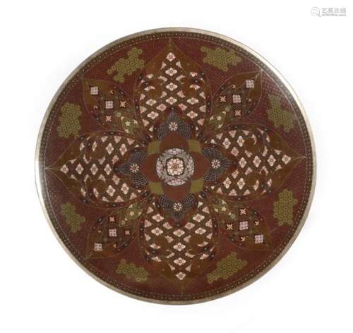 A Japanese Cloisonné on White Metal Dish, Meiji period, of circular form, worked with a central