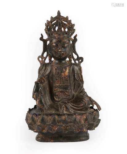 A Copper Alloy Figure of Buddha on a Stand, late Ming Dynasty, seated with scroll headdress, on a