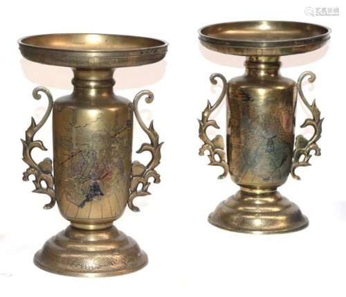 A Pair of Japanese Mixed Metal Inlaid Bronze Vases, Meiji period, of baluster form with flared necks