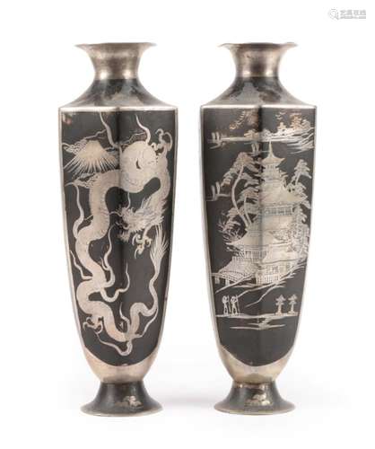 A Pair of Japanese Patinated White Metal Vases, Meiji period, of octagonal baluster form,