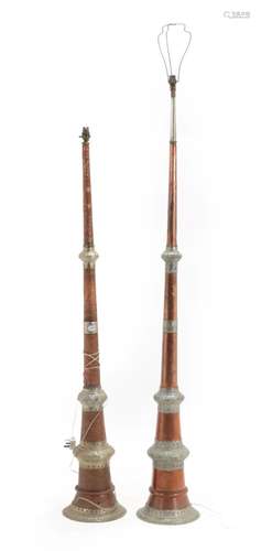 A Pair of Tibetan White Metal Mounted Copper Prayer Horns, late 19th/early 20th century, with