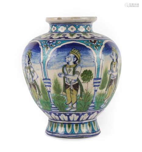 An Indian Faience Vase, 19th century, of ovoid form with flared neck and foot, painted in colours