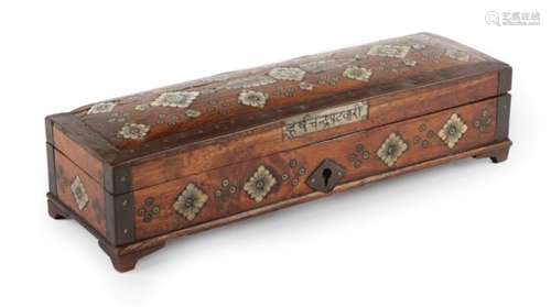 An Indian Copper Bound Bone Inlaid Hardwood Scribe's Pen Box, 19th century, of rectangular form,