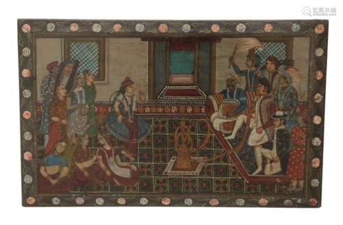 Anglo-Indian School (19th century) Dignitaries and attendants in an interior with a hookah, within a