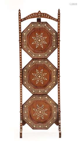 An Anglo-Indian Ivory Inlaid Hardwood Cake Stand, circa 1900, with three octagonal plateaux, the