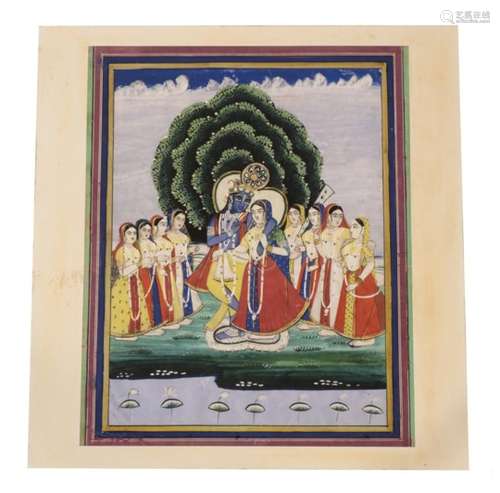 Indian School (Jaipur, circa 1880) Krishna and Radha with Gopis in attendance in landscape Titled