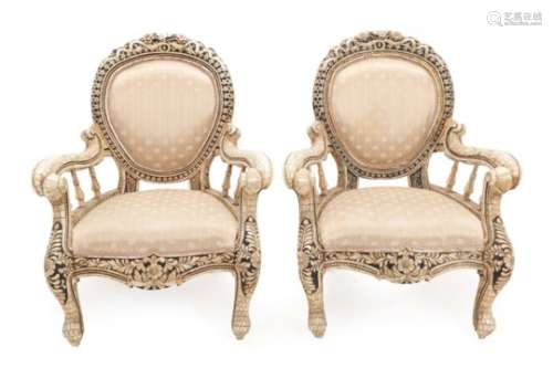 A Pair of Anglo-Indian Bone Veneered Armchairs, early 20th century, in Neo-Rococo style, the oval