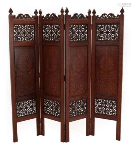 An Anglo-Indian Marquetry Four-Fold Screen, 19th century, with foliate scroll and spade cresting