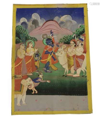 Indian School (Jaipur, late 19th century) Krishan lifting Mount Govardhan to protect villagers and