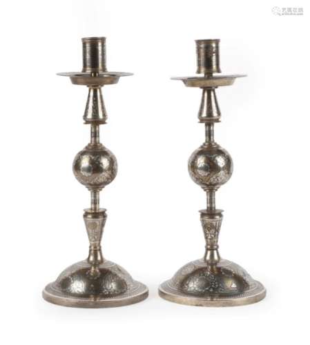 A Pair of Koftgari Yellow and White Metal Inlaid Steel Candlesticks, 19th century, with