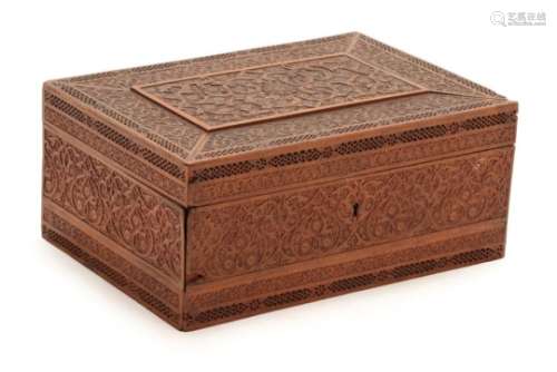 An Indian Carved Hardwood Box, Mysore, 19th century, of rectangular form with panels of scrolling