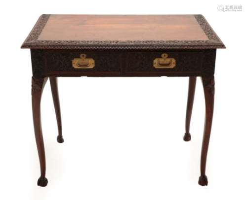 An Anglo-Burmese Teak Campaign Side Table, 19th century, the rectangular top with foliate carved