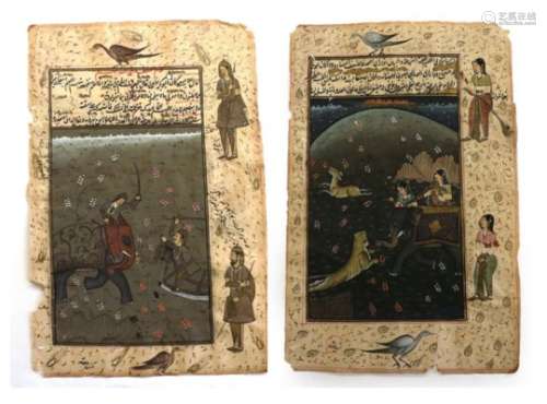 Indian School (19th century) Hunting scene and a battle scene with elephants and with script