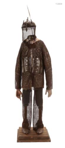 A Reproudction Indian Chain Mail Jacket, Trousers and Solerets; A Kulah Khud; and A Hide Dhal, 180cm