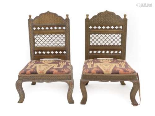 A Pair of Anglo-Indian Brass-Veneered Side Chairs, possibly Gujarat, early 20th century, the ogee