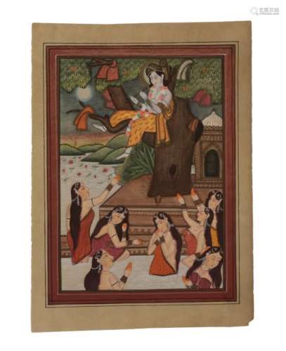 Indian School (Rajasthan, 20th century) Krishna stealing the clothes from bathing Gopis Gouache